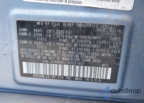 2011 Subaru Outback 2.5I Limited из США, поврежденный, VIN 4S4BRBKC7B3331852